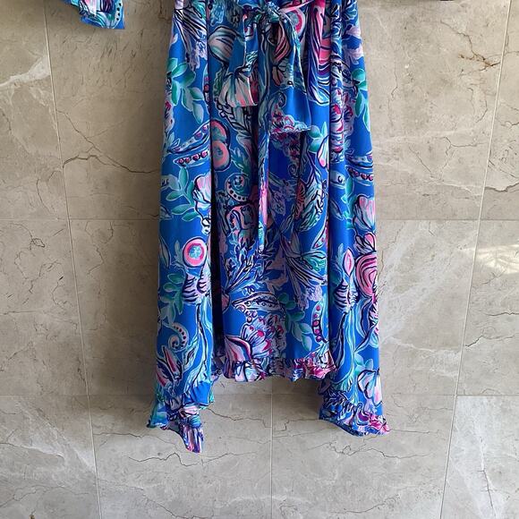 Lilly Pulitzer Dress, Small, Alyanna Belted Midi Blue Flattering Blousey Sleeved - Picture 6 of 10